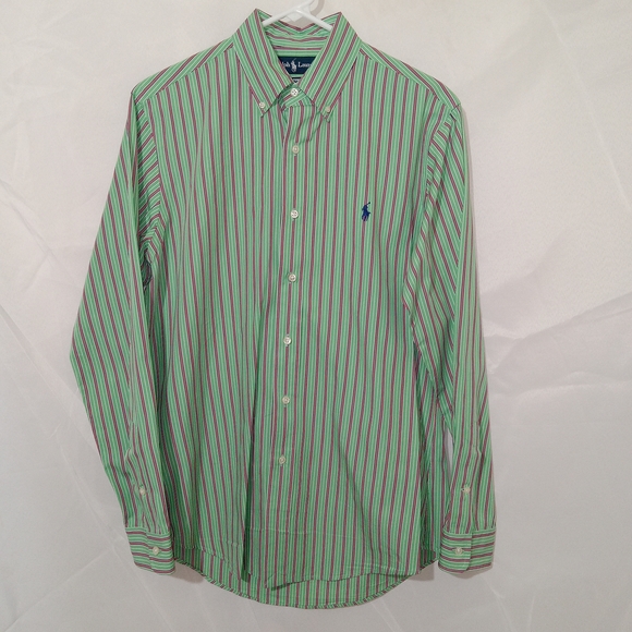 Ralph Lauren Mens Green Candy Striped Button Long Sleeve Shirt Size M Custom Fit - Picture 1 of 11